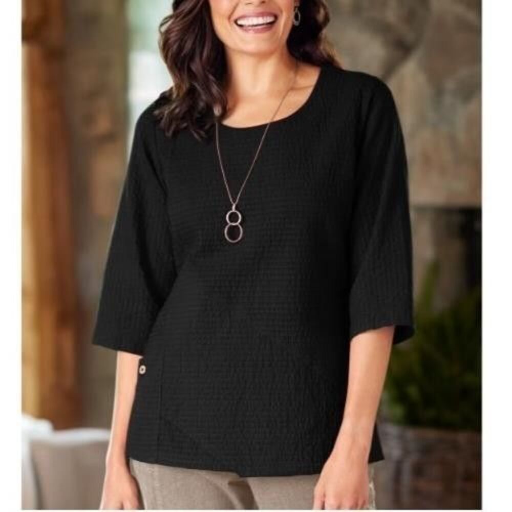 The Vermont Country Store Black Crinkle Cotton 3/4 Sleeve Tunic Top Size XL